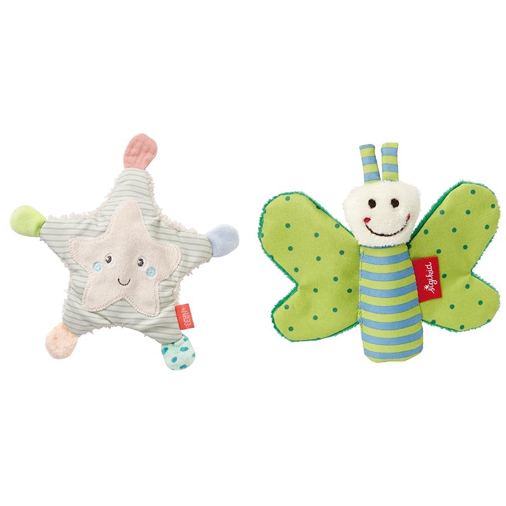 Fehn knetterende zeester - baby grijp- en speelspeelgoed & knetterspeeltje voor baby's en peuters vanaf 0+ maanden & SIGIKID 41179 vlinder grijpspeeltje rood groene sterren Baby Toys Naty Shop Standaard titel
