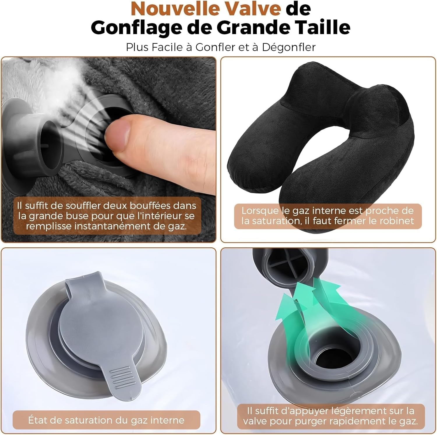 Opblaasbaar reiskussen, reiskussen met slaapmasker + oordopjes + draagtas, superlicht en draagbaar, ideaal voor vliegtuig, auto, huis, kantoor, zwart Naty Shop reiskussens