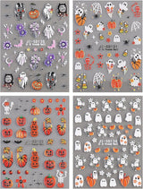 JMEOWIO 3D Nagelsticker Halloween Nail Art Sticker Selbstklebend Nagelaufkleber 5D Stereoskopisch Süßer Geisterkürbis Decoratie Nageldesign Zubehör 4 Blatt