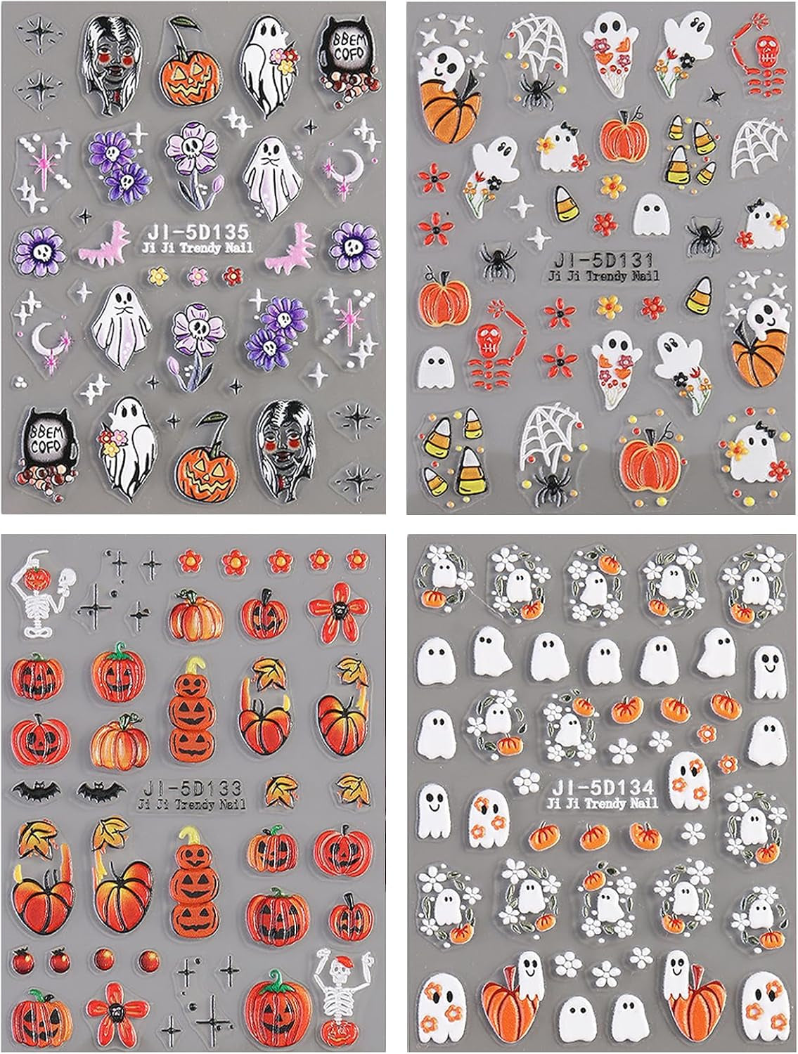 JMEOWIO 3D Nagelsticker Halloween Nail Art Sticker Selbstklebend Nagelaufkleber 5D Stereoskopisch Süßer Geisterkürbis Decoratie Nageldesign Zubehör 4 Blatt