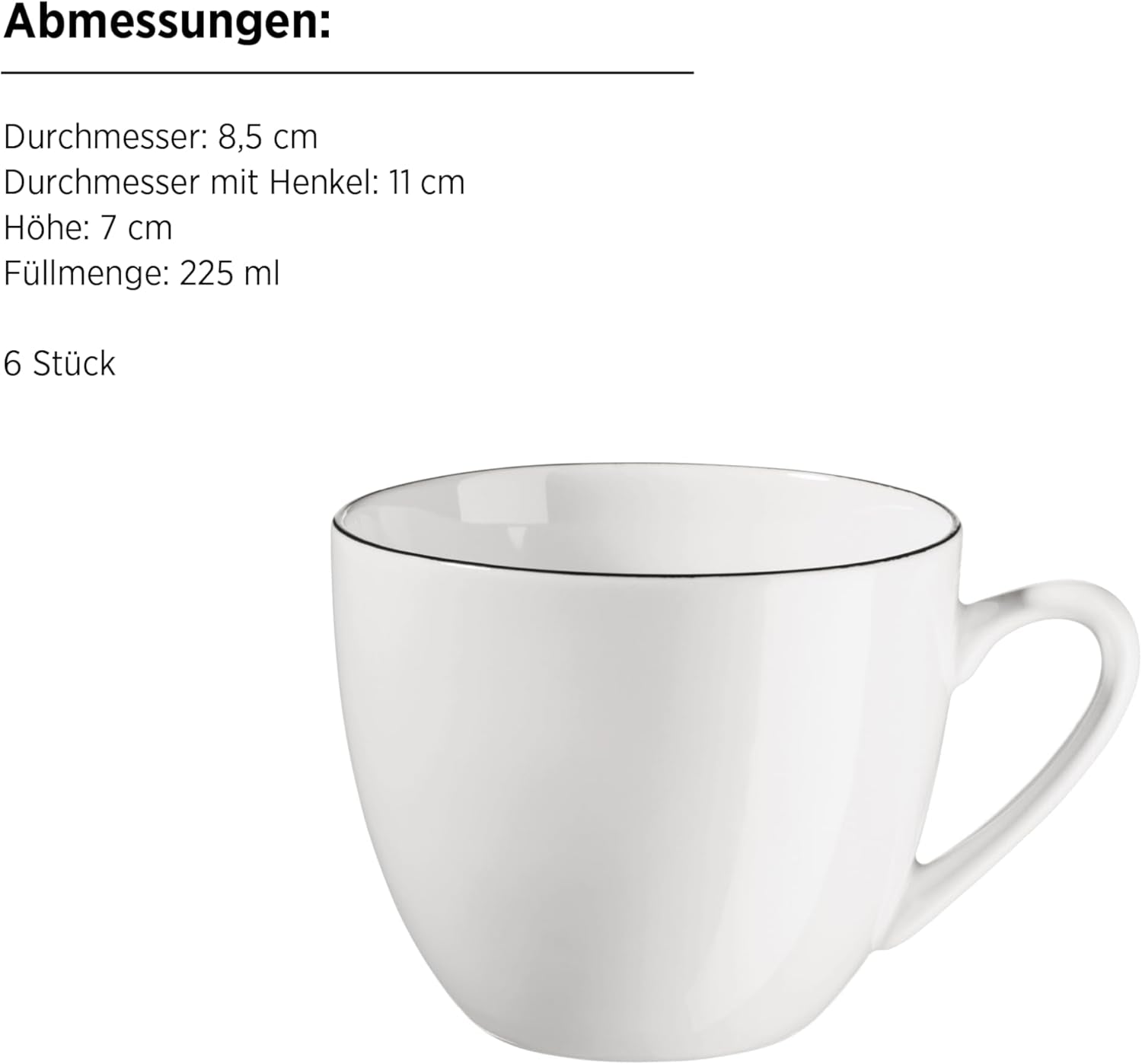 MÄSER Felise serie, elegant koffieservies voor 6 personen, tijdloos, zwarte rand, porselein, wit