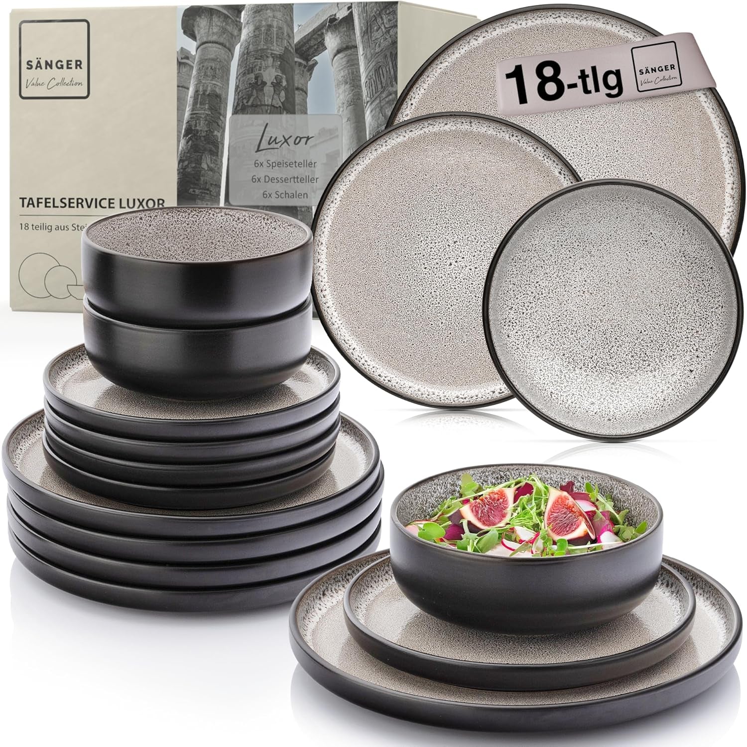 SÄNGER Luxor | Serviesset van steengoed, 18-delig, bordenset voor 6 personen, serviesset (6 dinerborden, 6 mueslischalen, 6 dessertborden), krasbestendig bruin-beige serviesgoed | DE WAARDE-COLLECTIE