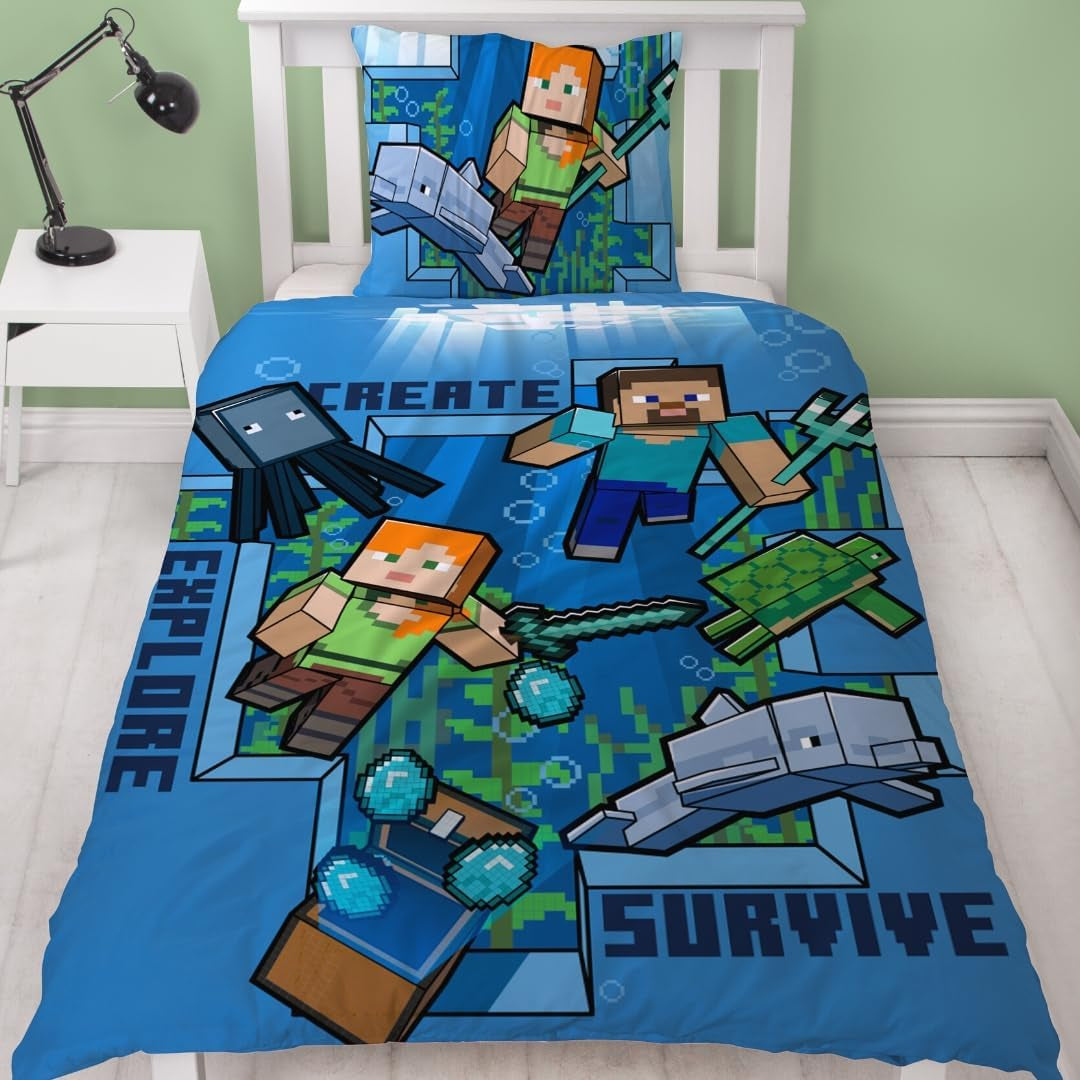 Minecraft Bettwäsche Kinderbettwäsche Jugendbettwäsche 135X200 · Unterwasserwelt · Wende Motiv · Kissenbezug 80X80 + Bettbezug 135X200 Cm · 100% Baumwolle · Deutsche Größe Naty Shop Standaardtitel