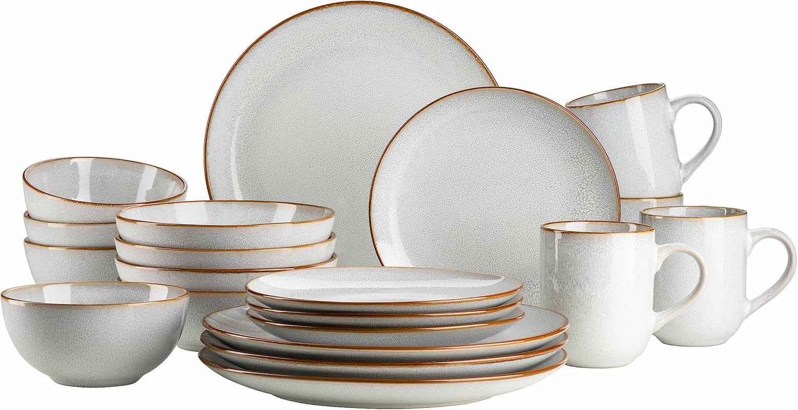 MÄSER Mabella, Vintage servies voor 4 personen, 20-delig combiservies met verfijnd reactief glazuur en fijne bruine rand, Steengoed, Grijs-Beige