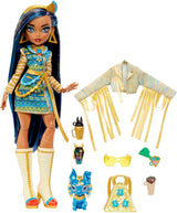 Monster High Cleo de Nile Puppe, Mummie Modepuppe, Königliches Outfit, Killerstiefel, Pyramidenrucksack, Zubehör, voor kinderen vanaf 4 jaar, HHK54