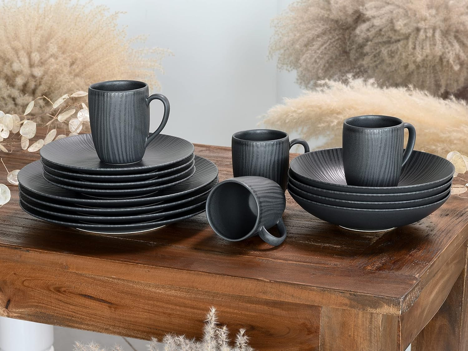 CreaTable, 20537, Vesuvio Black Series, 16-delige serviesset, porseleinen combinatieservies, vaatwasser- en magnetronbestendig, gemaakt in Portugal
