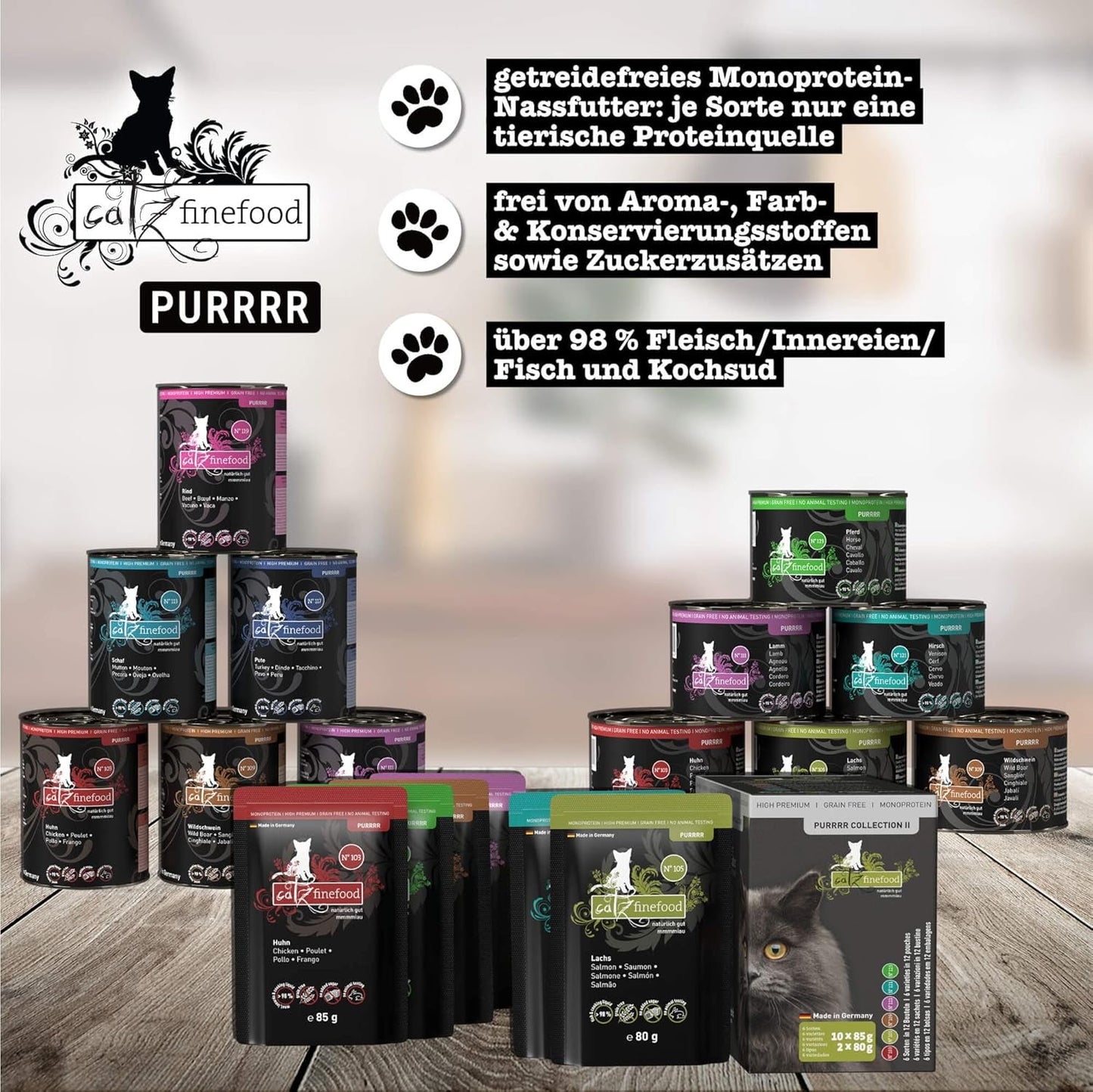 Kattennatvoer Catz Finefood Purrrr met monoproteïne en zalm nr. 105, voor katten met een gevoelige spijsvertering, 16 x 80 g