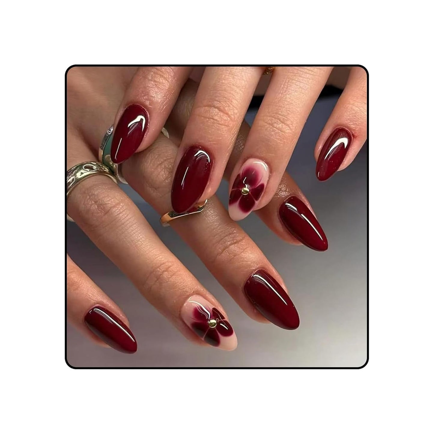 24 bordeauxrode bloemen met diamantpantser, pers op nagels, lijm op kunstnagels, set nageltips