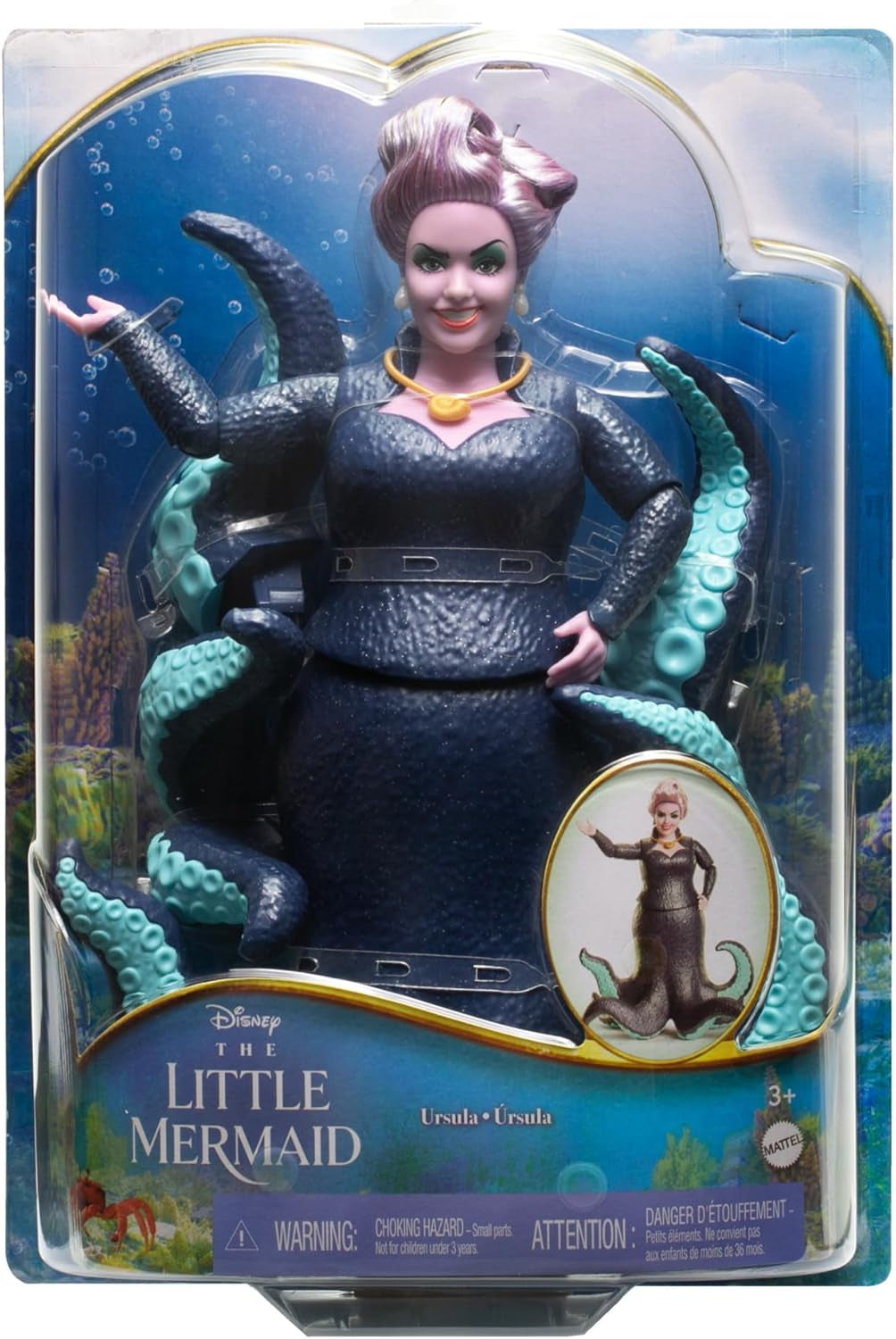 Mattel DISNEY Ariel de kleine zeemeermin - Ursula met tentakels, afneembare ketting en lavendelknot voor eindeloos stylingplezier, geschikt voor kinderen vanaf 3 jaar, HLX12