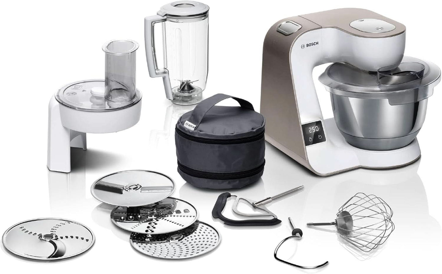 Keukenmachine Bosch Series 4 MUM5X720, geïntegreerde weegschaal, roestvrijstalen kom 3,9L, mixer 1,25L, 1000W Accessoires Voeding en borstvoeding Bebe Naty Shop Geïntegreerde weegschaal Wit 2 accessoires