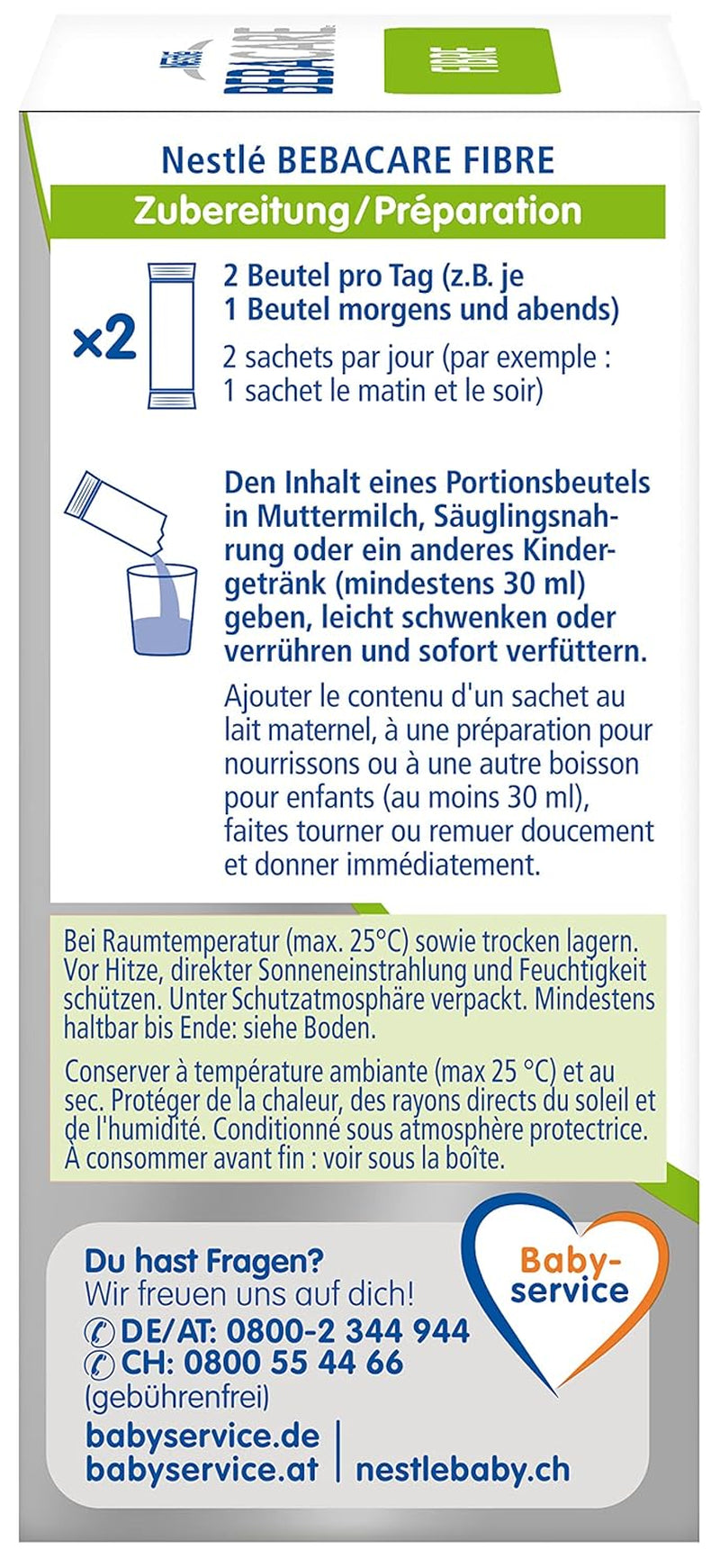 BEBACARE FIBRE glutenvrij voedingssupplement voor een zachte spijsvertering, voedingssupplement voor baby's vanaf de geboorte en kleine kinderen, 1x (20 x 2,2 g)
