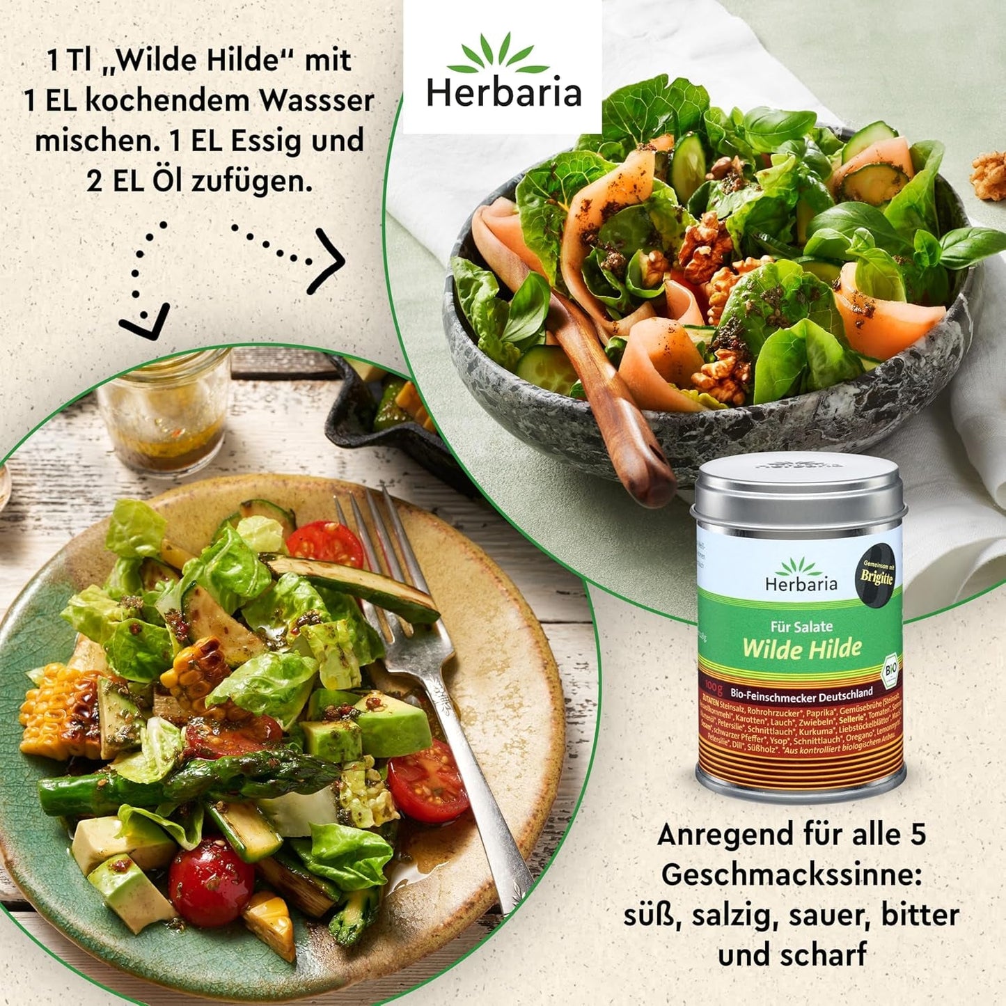 Herbaria Wilde Hilde bio 100g M-Dose-fertige Bio-Gewürzmischung - Saladegewürz für ausgefeilte Salade - mit erlesenen Ingrediënt - in nachhaltiger Aromaschutz-Dose