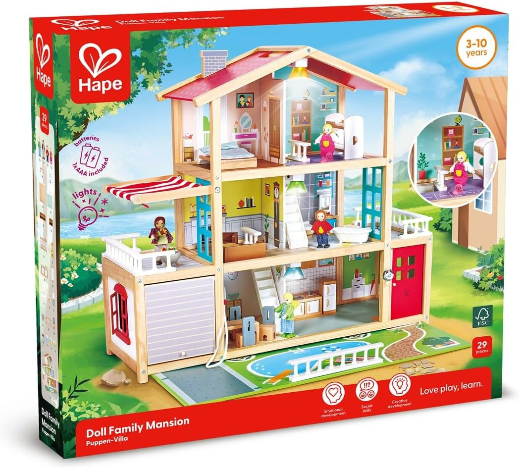 Hape Poppenvilla Houten poppenhuis met 10 kamers Creatief rollenspel inclusief meubels en accessoires Educatief speelgoed voor kinderen vanaf 3 jaar