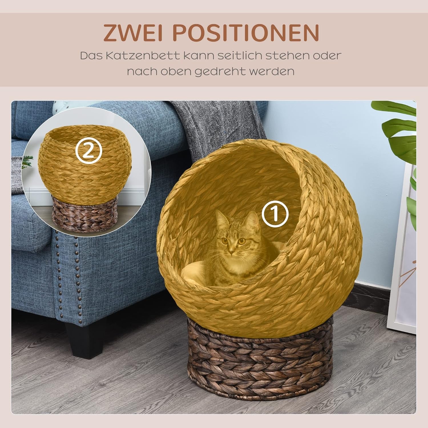 PawHut Rotan Katzenkorb Katzenhöhle Katzenhütte Katzenbett mit Kissen Haustierbett Wasserhyazinthe Kaffee 50 x 42 x 60 cm