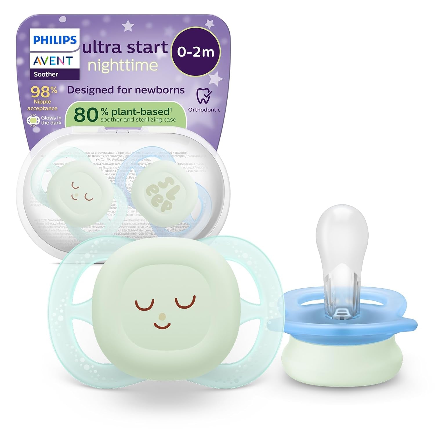 Philips AVENT Ultra Start Nachtfopspeen, orthodontische fopspeen voor pasgeborenen, Glow in the Dark, BPA-vrij, met sterilisatiecontainer, Twin Pack, Maan, Ster, SCF075/07