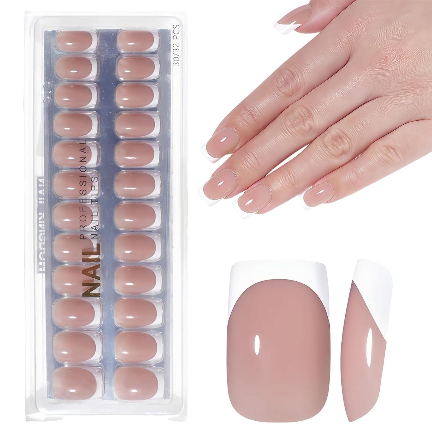 Lichtroze zelfklevende Franse nagels - 32 stuks lijm op Franse nagels - vierkante korte kunstnagels - ademende lijm op kunstnagels - volledige dekking kunstnagels voor dames (lichtroze)