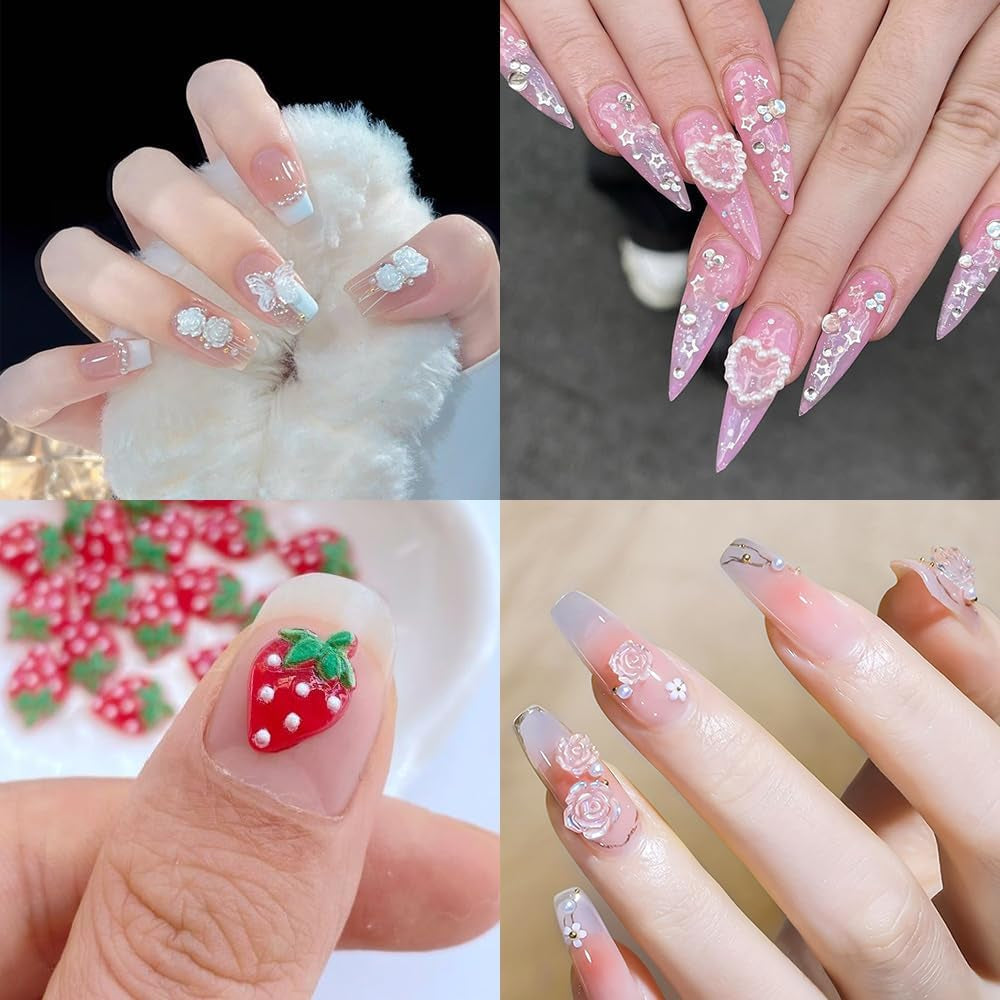 100 stuks 3D nagelbedels Rosa Rot Kirsche Erdbeere Blume Nagel Charms Kamelie Rose Schmetterling Nail Art Charms Flatback Herz Schleife Charms Nägel Zubehör Mond Stern Nagelschmuck Nageldesign Anhänger