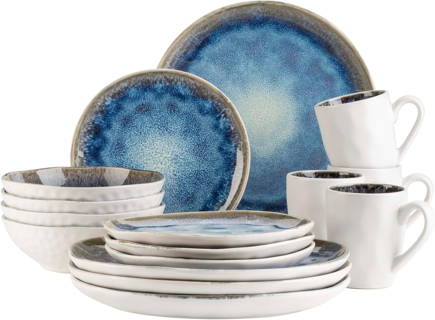 MÄSER 934092 Frozen-serie, keramische serviesset voor 4 personen, 16-delig combinatieservies met organische vormen, blauw gekleurd servies, steengoed, donkerblauw
