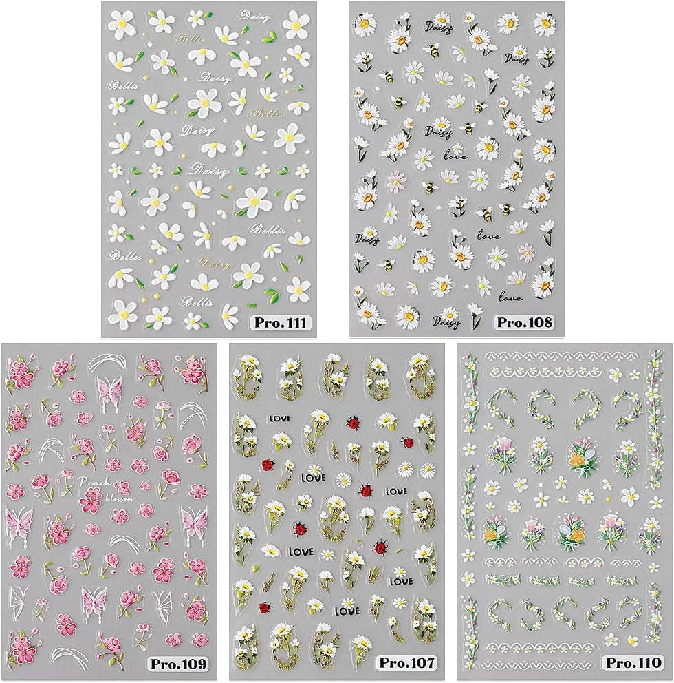 5 Stuks Geprägte Gänseblümchen Nagelsticker Selbstklebend Blumen Nagelaufkleber Gänseblümchen Schmetterling Nagel Sticker Nageldesign Aufkleber Nägel Zubehör Blume Nail Sticker Flower Nail Art Stickers