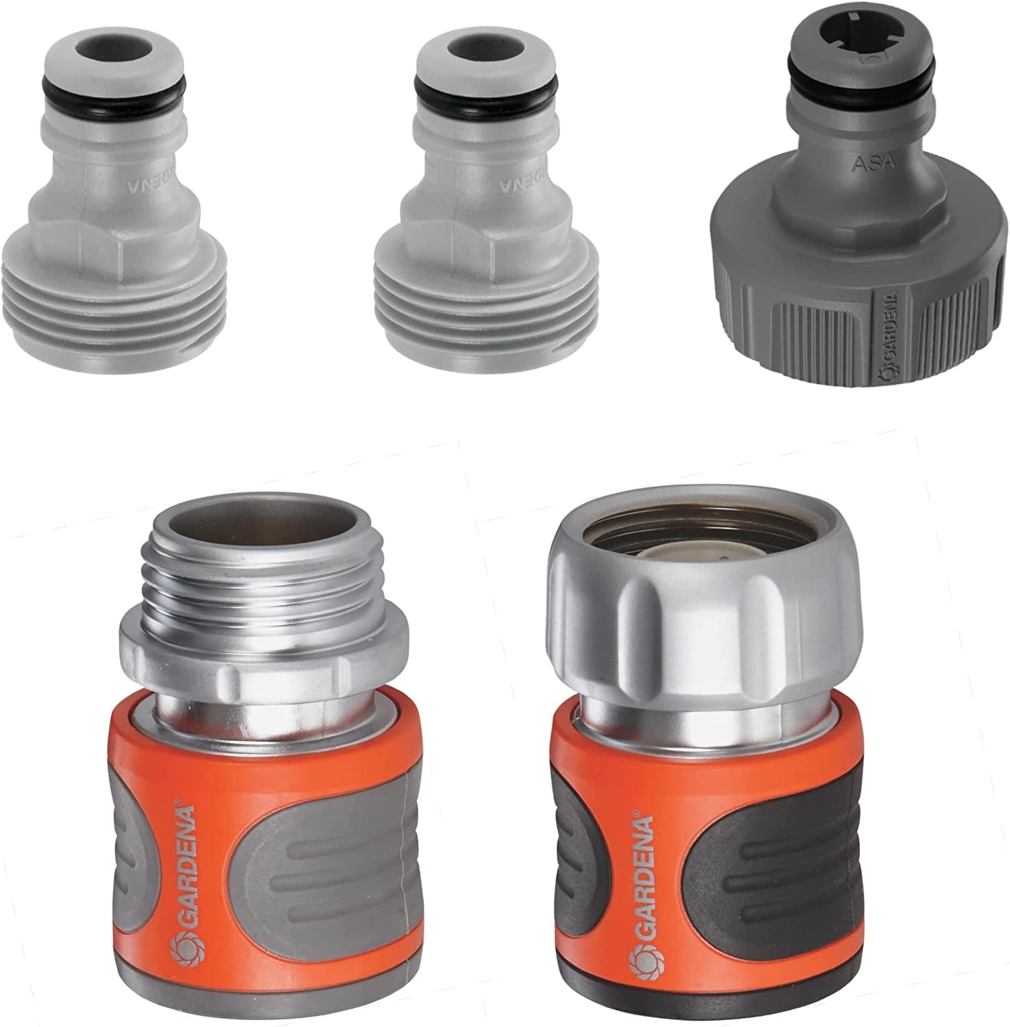 Gardena 39042-M metalen snelkoppelingsstartset voor tuinslangen, snelkoppelingen en accessoires in enkele seconden, 4-delig inclusief lekvrije adapters voor stekker en stopcontact