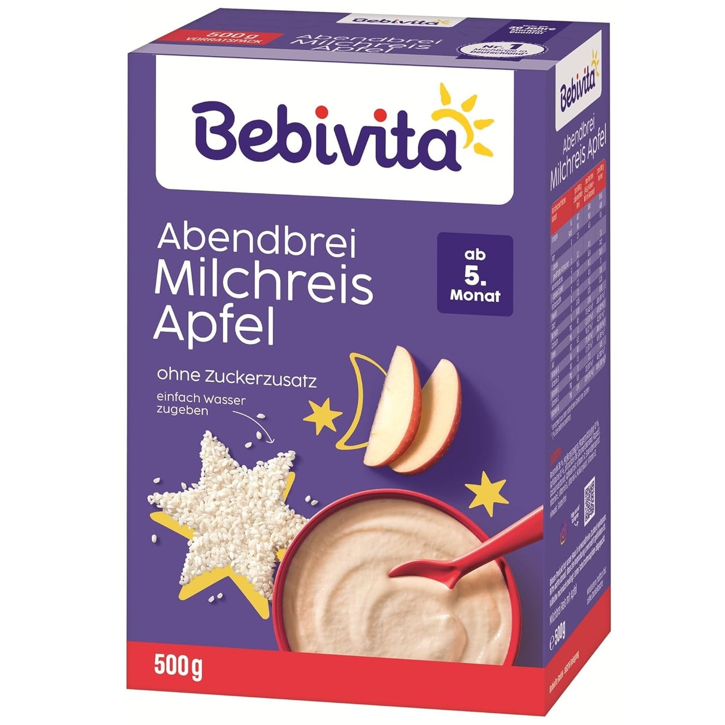Rijstpudding met appels en avondpap (4x500g), melkpap vanaf 5 maanden, met waardevolle mineralen en vitaminen, zonder toegevoegde suikers, zeer vullend