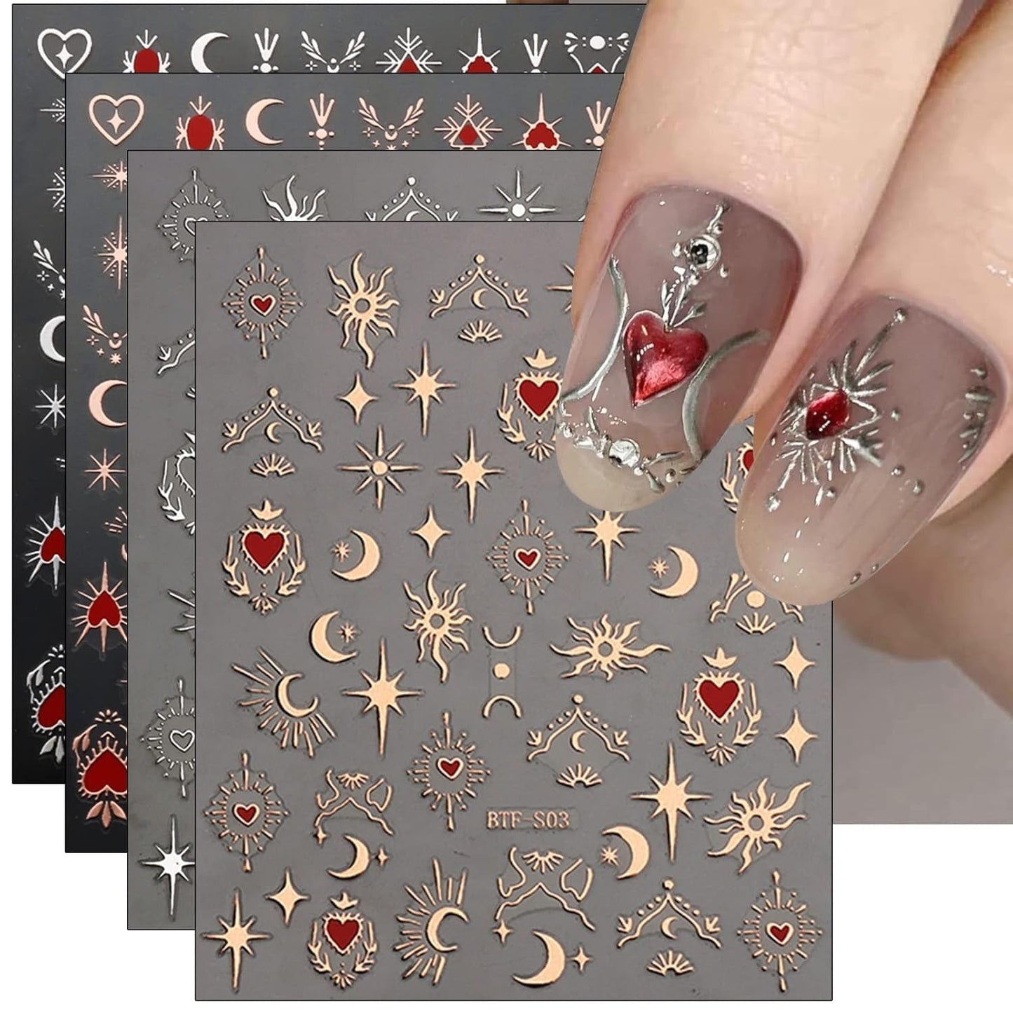 JMEOWIO Nagelsticker Mond Stern 9 Blatt Nail Art Sticker Selbstklebend Nagelaufkleber Sonne Decoratie Nageldesign Zubehör