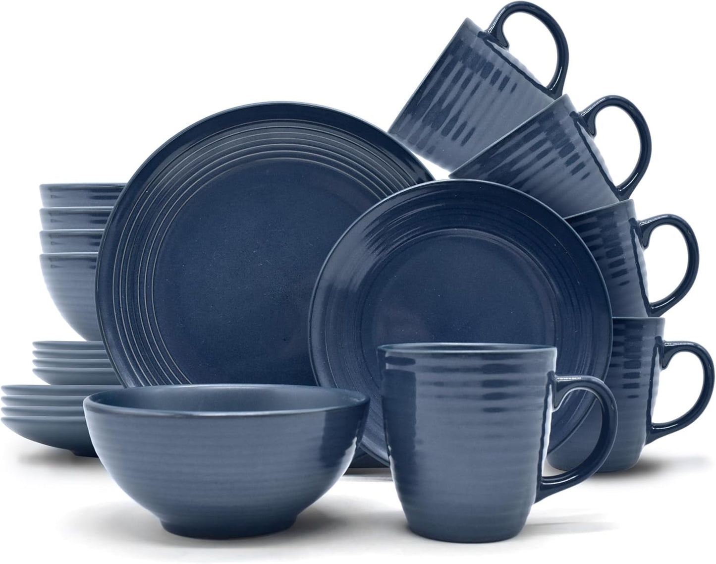 ECHTWERK "Alicia" 16-delige vintage combinatieserviesset modern design voor 4 personen Elegante donkerblauwe steengoedserviesset met 4 borden 4 zijborden 4 kommen 4 theekopjes