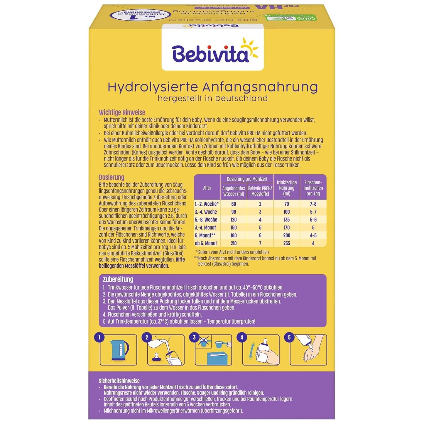 PRE HA (5 x 500 g), gehydrolyseerde melkpoederformule vanaf de geboorte, bevat uitsluitend lactose als koolhydraat, geschikt als bijvoeding