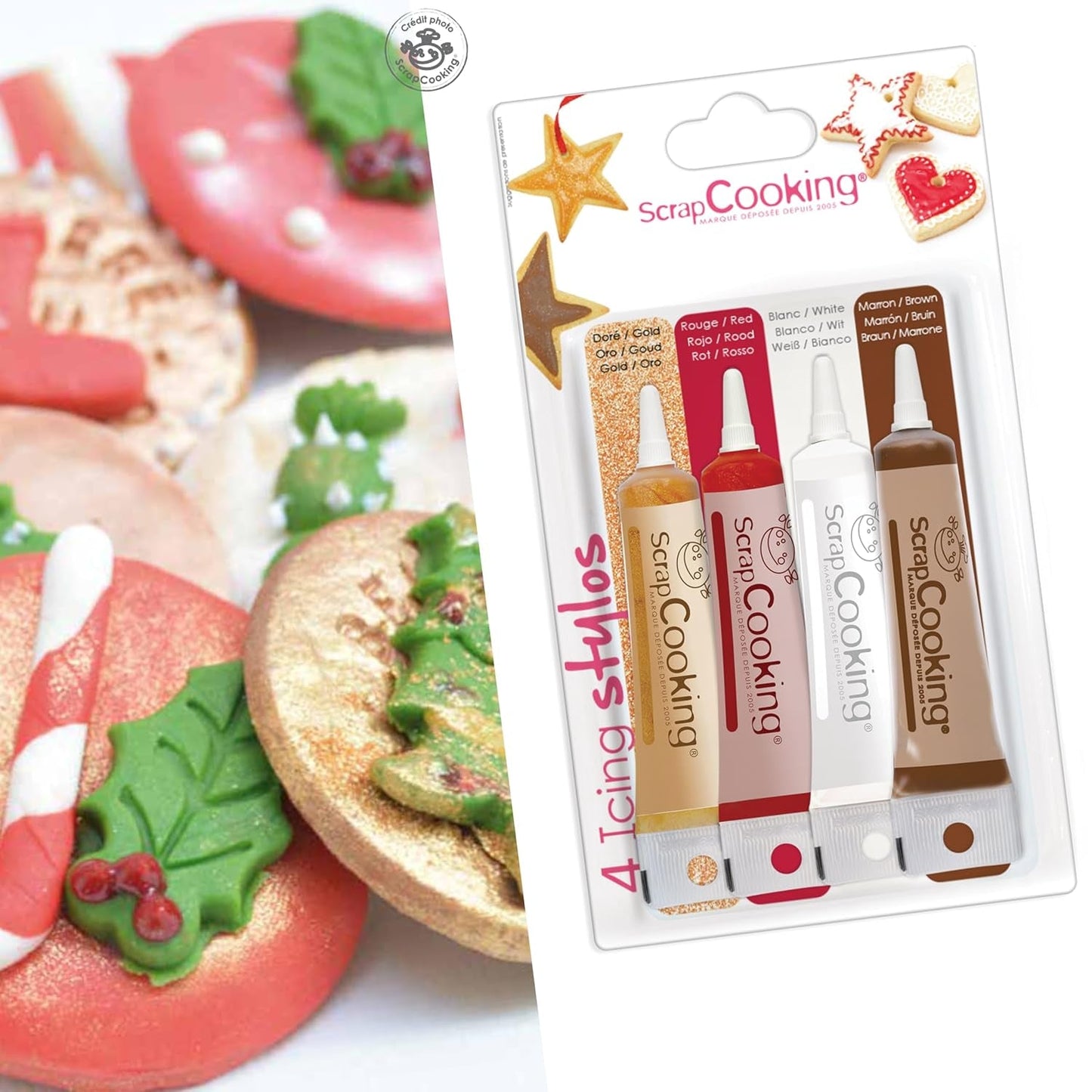 Scrapcooking - 4 stuks markers: goud, chocolade, wit en rood - decoratieve eetbare stiften voor het schrijven en tekenen op desserts, taarten en koekjes