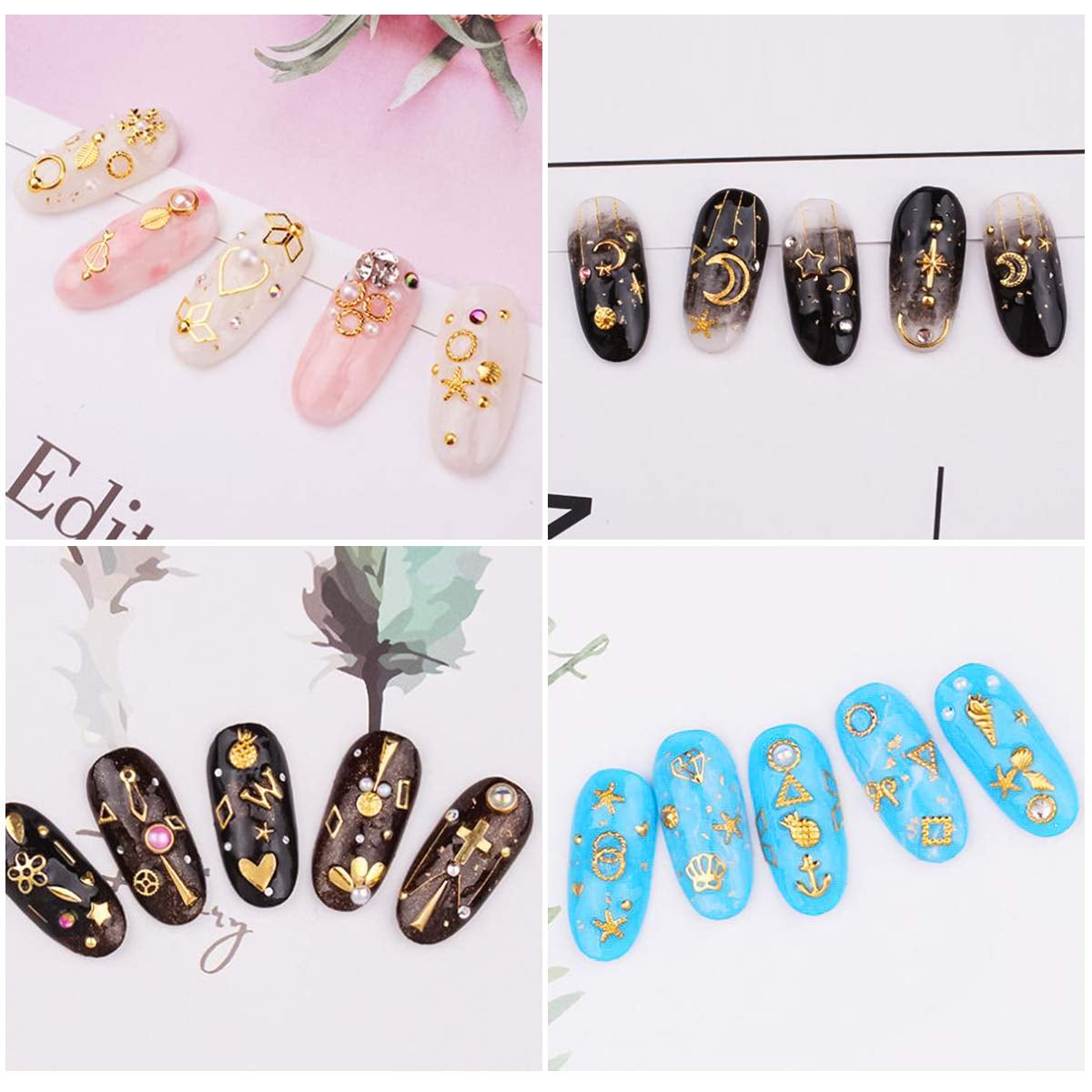 4 Dozen Nagel Art Strass, 3D Nagel Art Decoraties, Mix Größe Nagel Perlen Glitter Strass Goud Metall Hohlniet Nagelkunst Stern Mond Sonne Nagel Zubehör Für DIY Nageldesign