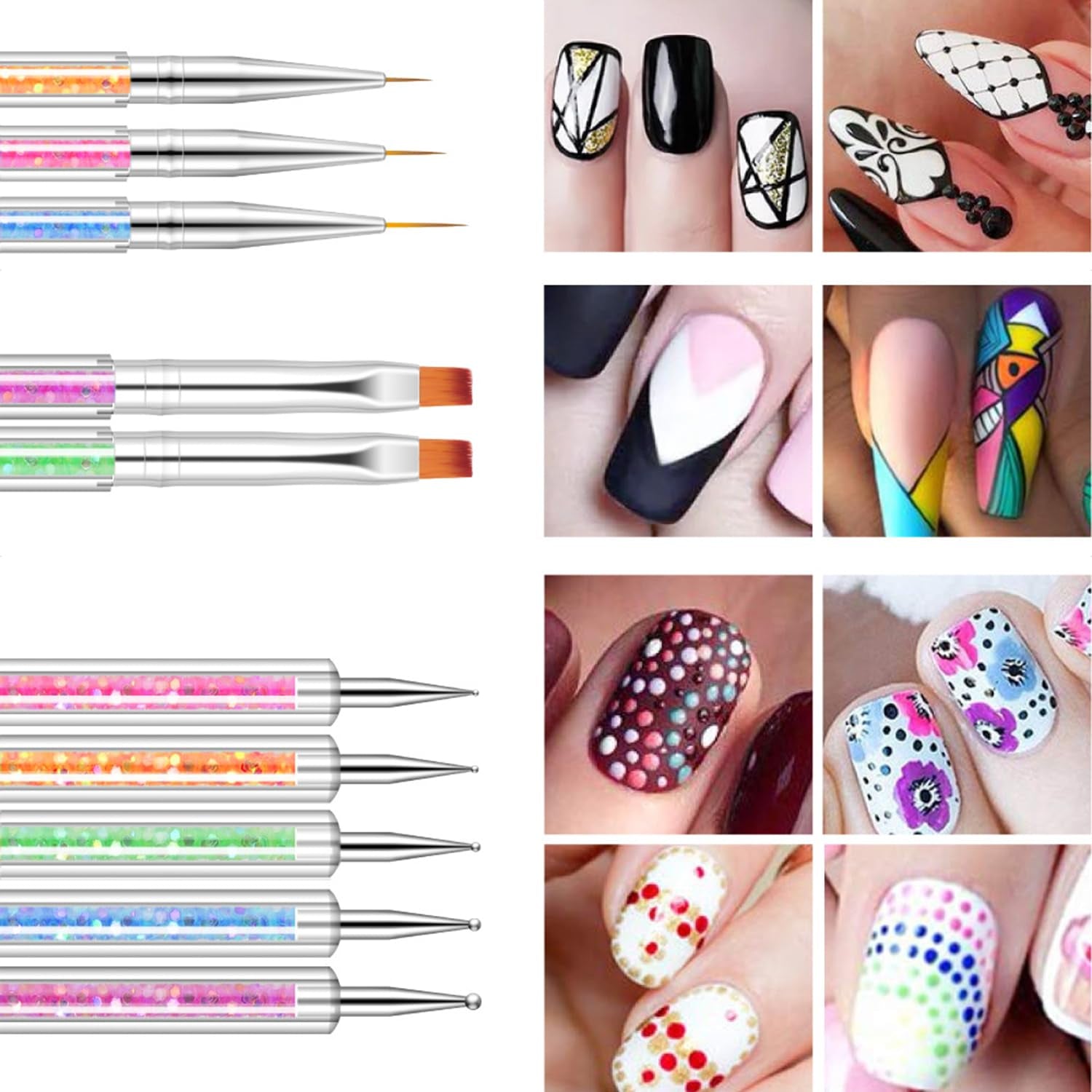 6 Stück Nagel Pinsel Set, Doppel-Ende Nageldesign Pinsel, Acryl Nail Art Pinsel Set Nail Art Liner Pinsel Dotting Tool voor DIY Nail Art Design (Mit 1 Schwammbürste)