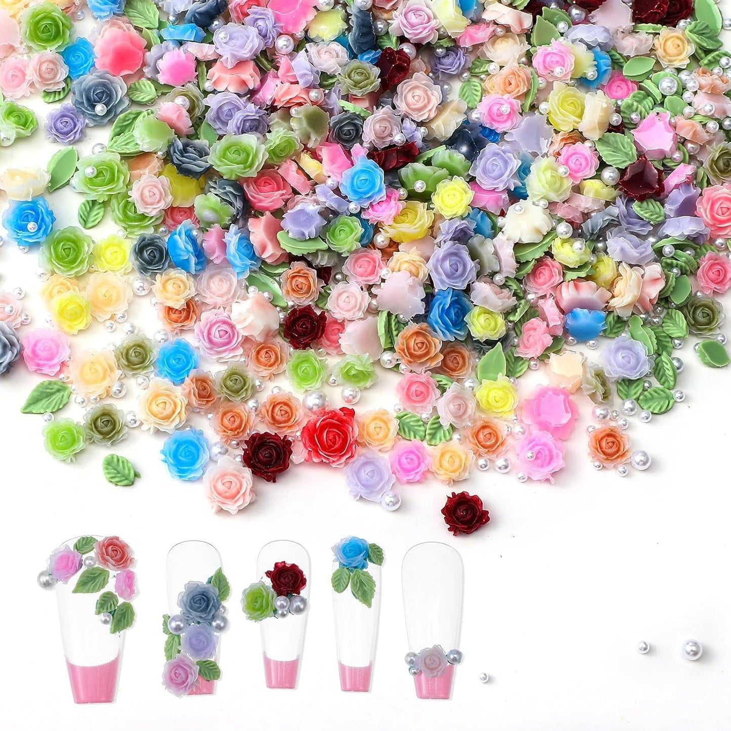 300 Stück Niedlich Blume Nail Charms, 3D Resin Floral Camelie Rose Nägel Charms Mit Perle, Gemischt Grote Bunte Flower Nägel Deko voor Frauen Nail Art Zubehör