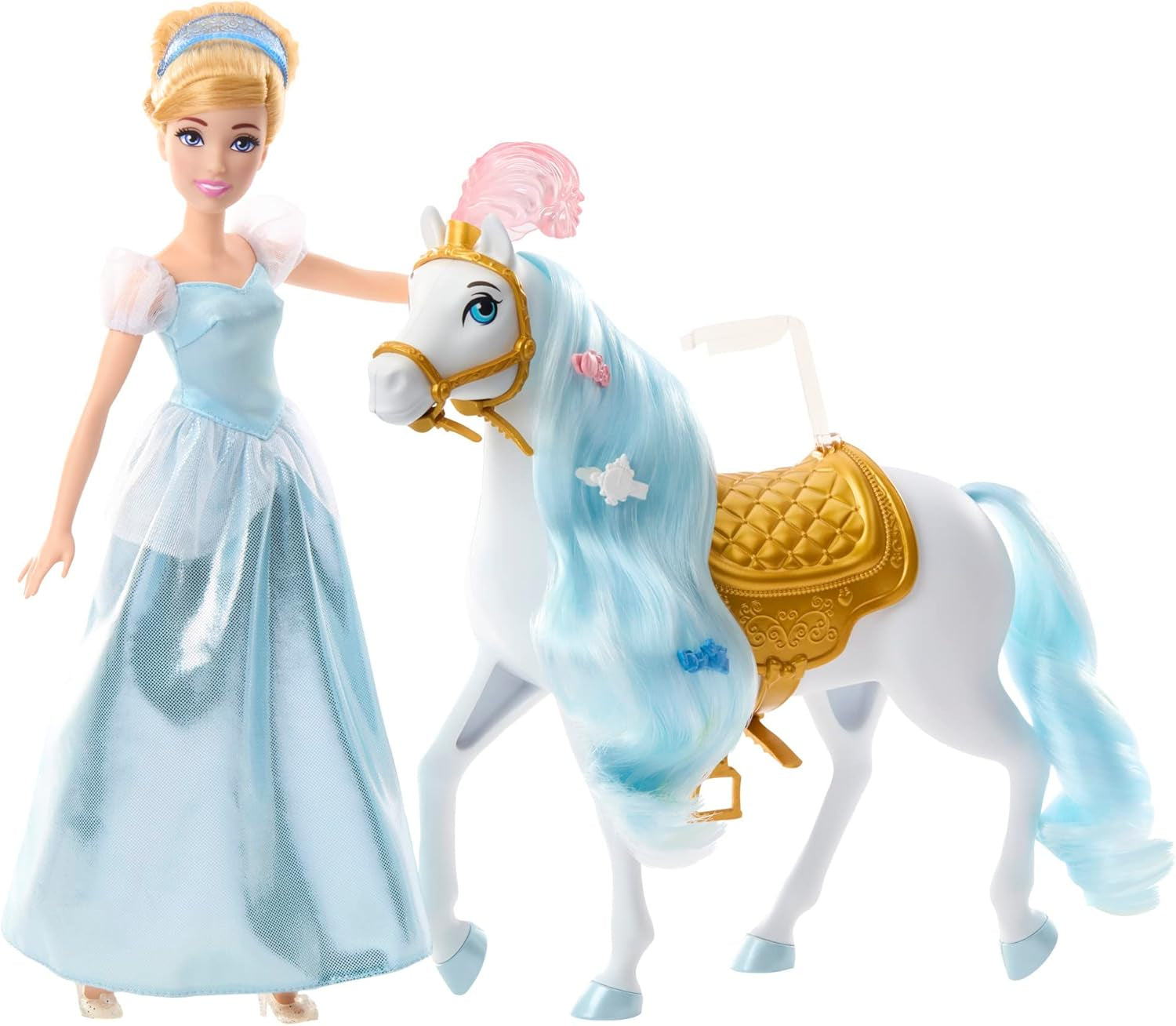 Mattel DISNEY Prinses Assepoester beweegbare pop met sprankelende outfit, afneembare schoenen en tiara, kambaar haar voor kappersplezier, vanaf 3 jaar, HLW06 Naty Shop-poppen opgezadeld en klaar voor het bal