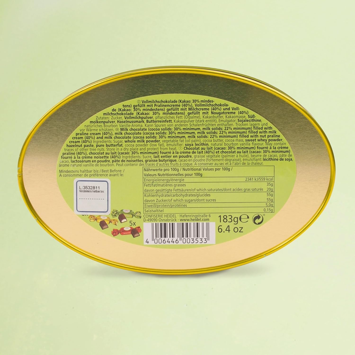 Heidel paaskaart geschenkdoos 183g, premium melkchocoladepraline met decoratieve metalen doos, ideaal als paascadeau