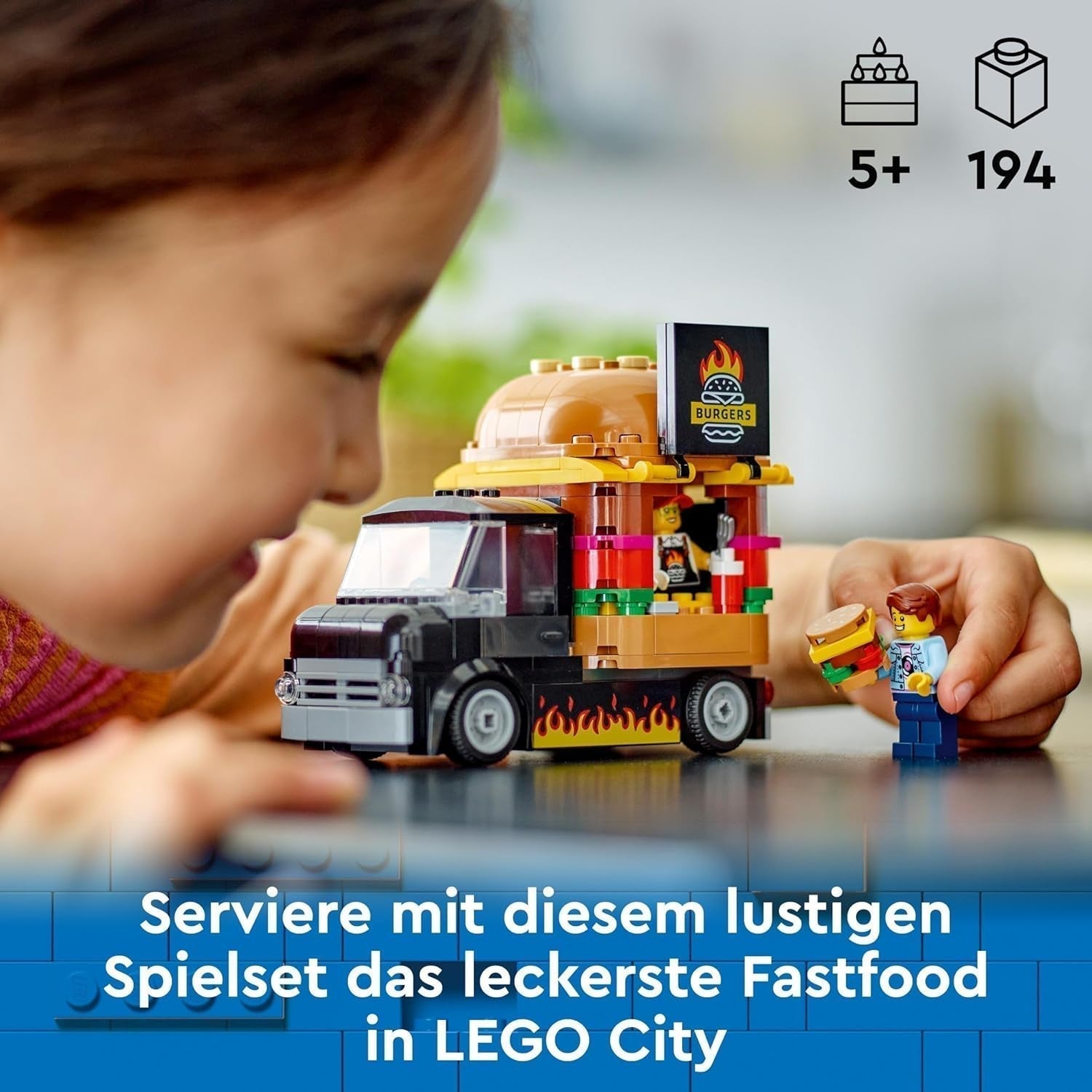 LEGO City Burger Truck-bouwset met speelgoedauto voor 5-jarigen, minifiguur van een foodtruck en accessoires, leuk cadeau voor jongens en meisjes 60404 Bouwsets Besuche in LEGO-Store