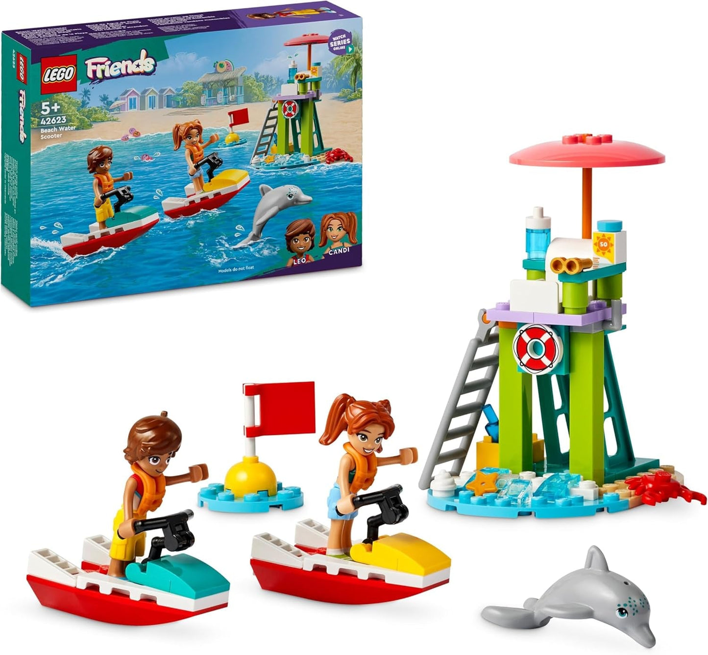 LEGO Friends badmeester-uitkijktoren met jetski's, kinderspeelgoed, cadeau-idee voor meisjes en jongens vanaf 5 jaar met 2 figuren en dolfijn, jetski-speelgoed 42623 Bouwsets Besuche den LEGO-Store Standaard titel