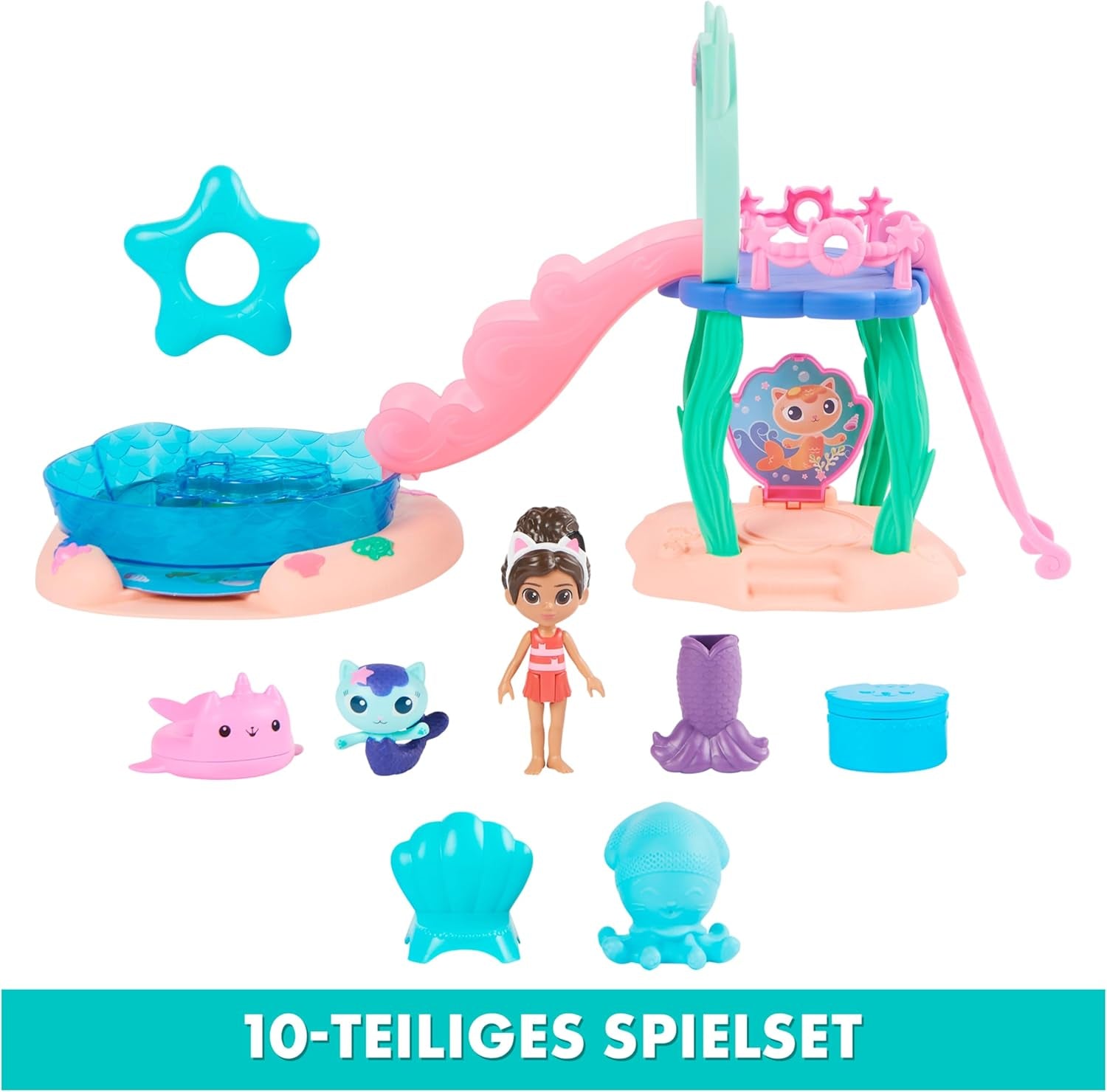 Gabby's poppenhuis, Purific Pool Party-speelset met Gabby- en Meerkat-figuren en Deluxe kamer, taart bakken, taart keuken