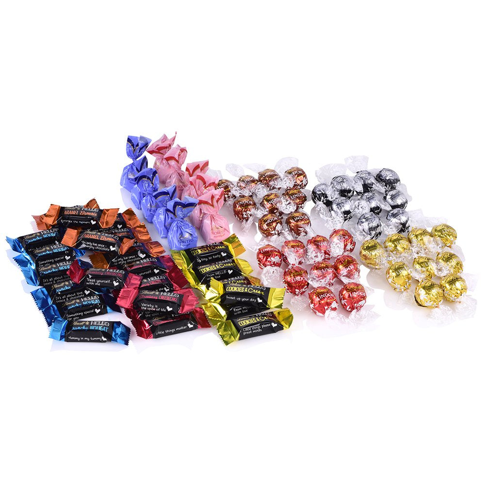 Chocoladeassortiment (37 LINDOR-bolletjes, 24 Hello Mini-sticks, 10 Mini Fioretto), chocoladecadeau (1 x 815 g) en HELLO Mini Emoti, melkchocolade in 5 emoticon-dessins, 164 g