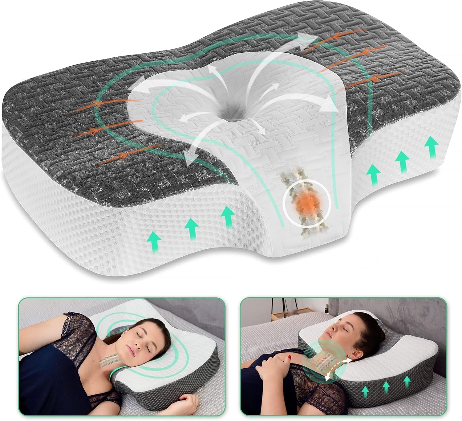 Elviros Orthopedisch kussen van traagschuim, nekpijnkussen, slaapkussen, ergonomisch nekkussen, neksteunkussen, anti-snurkkussen voor zijslapers, buikslapers, wit Naty Shop cervicale orthopedische kussens donkergrijs 60 x 38,6 x 9,9/13,5 cm