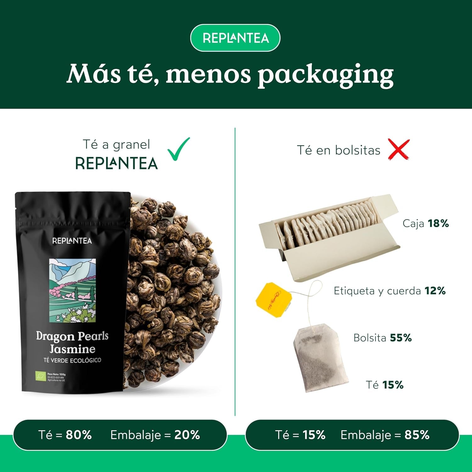Biologische thee Jasmijn Drakenparels (100 g) | Premium groene thee in de vorm van handgerolde jasmijnparels | Theespecialiteit met delicaat bloemenaroma | HERPLANTEREN