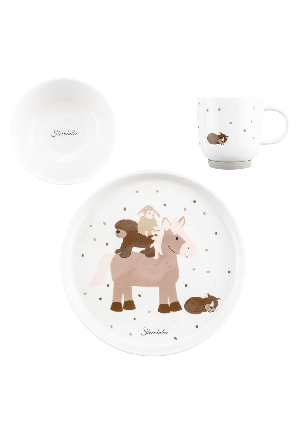 Sterntaler Porseleinen Serviesset Rustiek Design - Antislip en afneembare siliconen basis Serviesset - Baby- en kinderservies met bord, kom van 400 ml en mok van 200 ml, wit