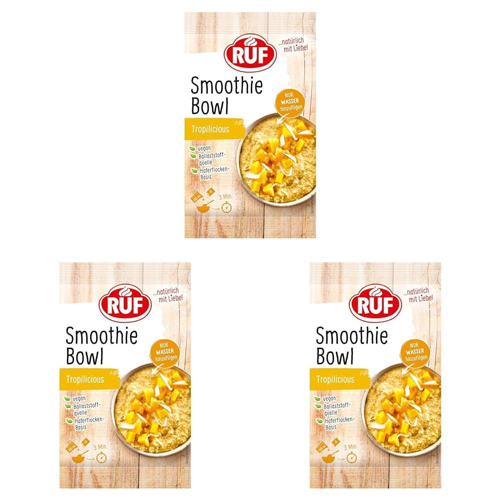 RUF Smoothie Bowl Tropilicious Mango Passievrucht Haver Ontbijtsnack Snel en gemakkelijk Veganistisch 1 zakje x 50 g (pak van 3)