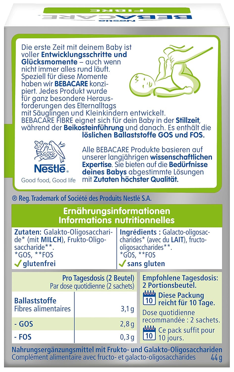 BEBACARE FIBRE glutenvrij voedingssupplement voor een zachte spijsvertering, voedingssupplement voor baby's vanaf de geboorte en kleine kinderen, 1x (20 x 2,2 g)