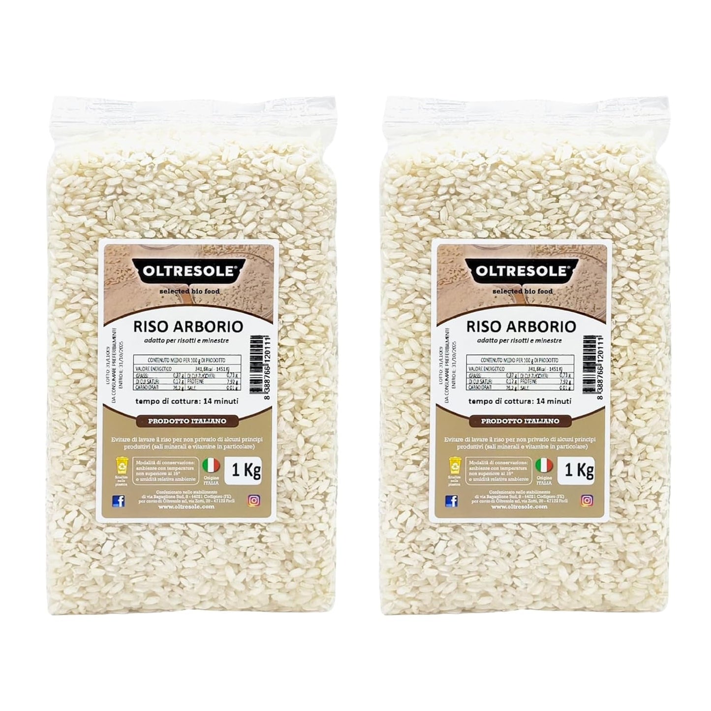 Ambachtelijke Italiaanse Arboriorijst, grofkorrelige en zetmeelrijke rijst, ideaal voor soepen, risotto's en rijstsalades, vacuüm verpakt in 2 zakken van 1 kg