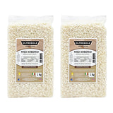 Ambachtelijke Italiaanse Arboriorijst, grofkorrelige en zetmeelrijke rijst, ideaal voor soepen, risotto's en rijstsalades, vacuüm verpakt in 2 zakken van 1 kg