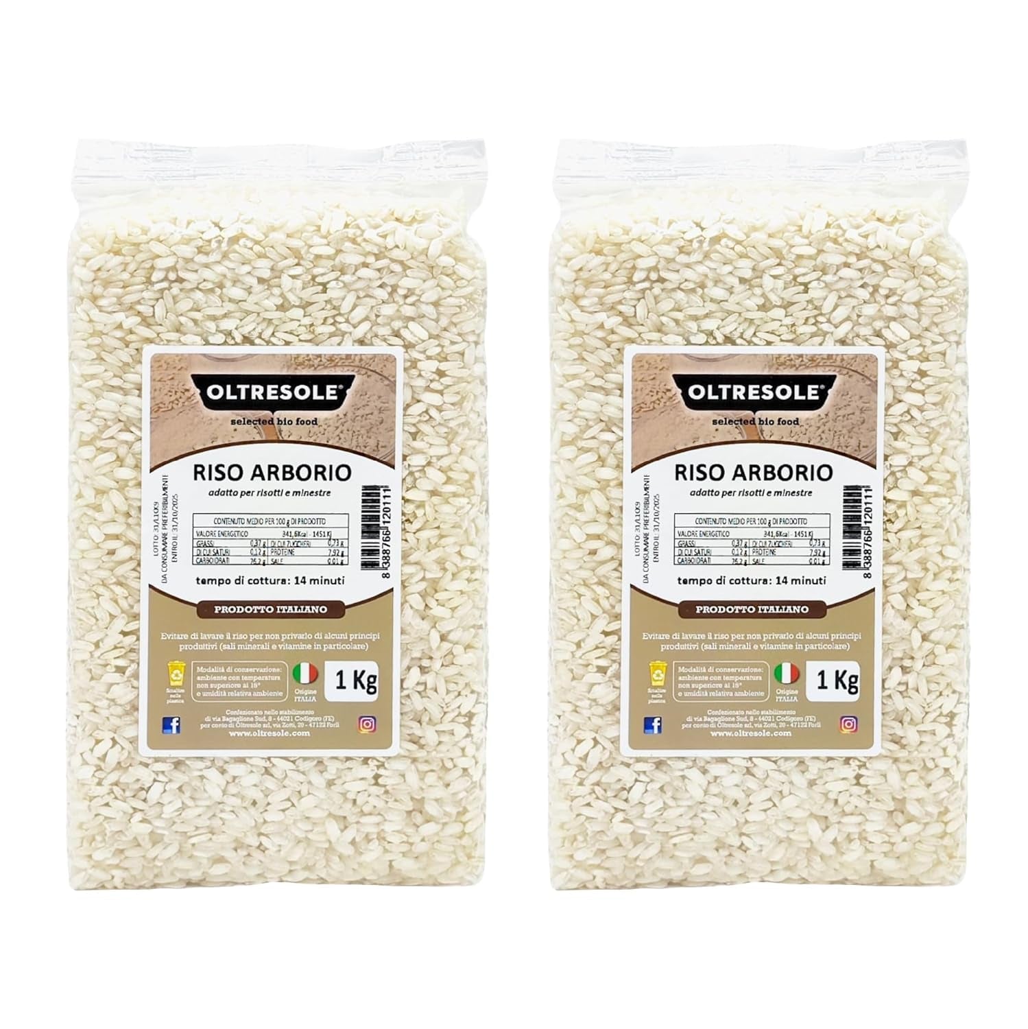 Ambachtelijke Italiaanse Arboriorijst, grofkorrelige en zetmeelrijke rijst, ideaal voor soepen, risotto's en rijstsalades, vacuüm verpakt in 2 zakken van 1 kg