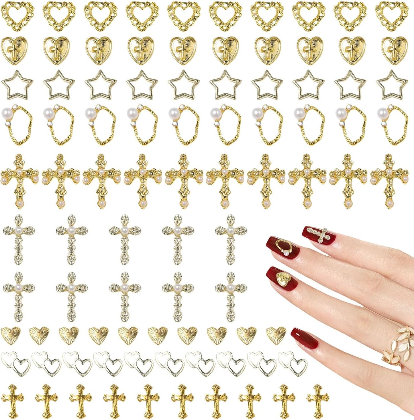 Gouden nagelbedels 80 stuks kruis roos hart Maagd Maria nagel edelstenen metaallegering nagelaccessoires voor manicure ontwerp decoraties doe-het-zelf ambachten