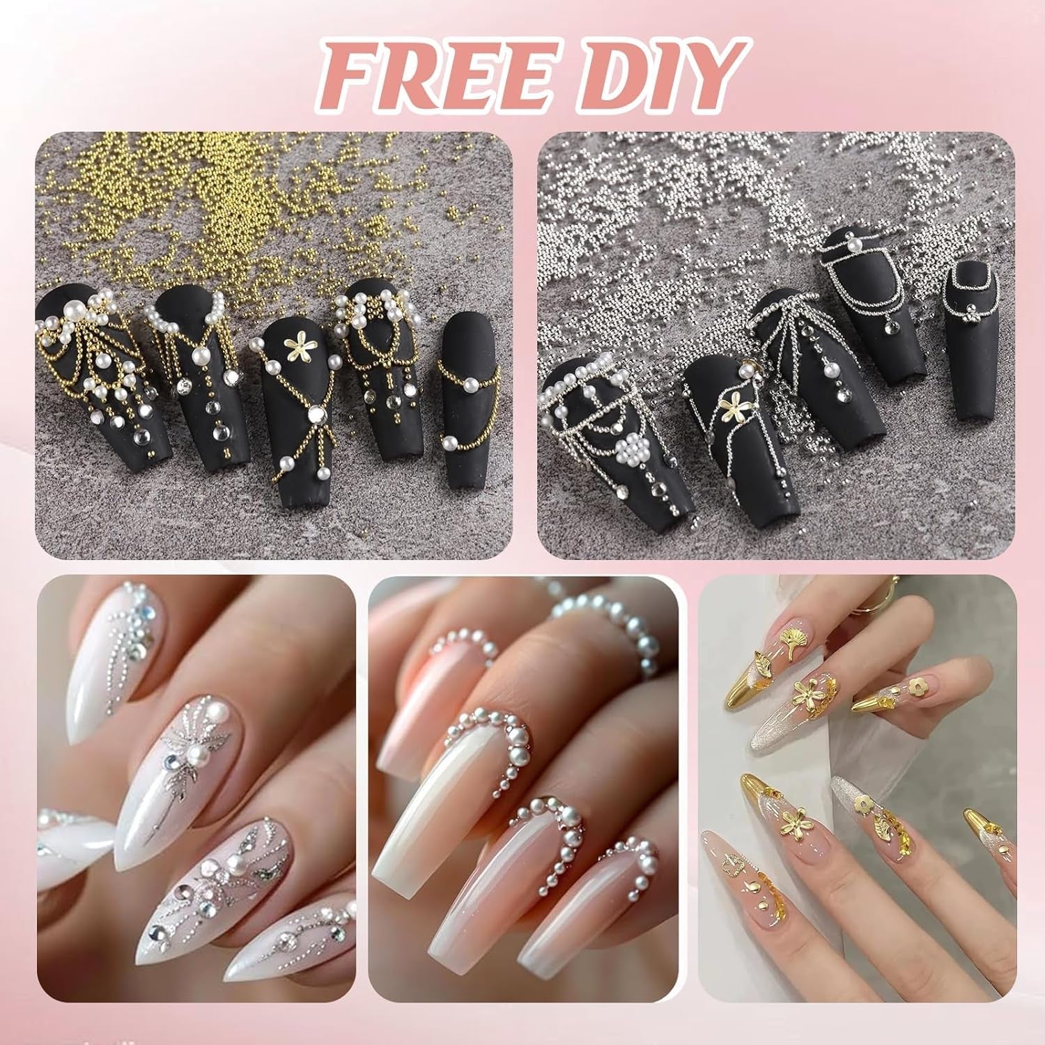Nagelsleutelhangers 4 boxset - 48 soorten gouden en zilveren 3D nagelsleutelhangers (vlinders, bloemen, parels, enz.) + pincet en pen - voor doe-het-zelf gel- en acrylnagels | Ideaal voor nagelsalon en thuis