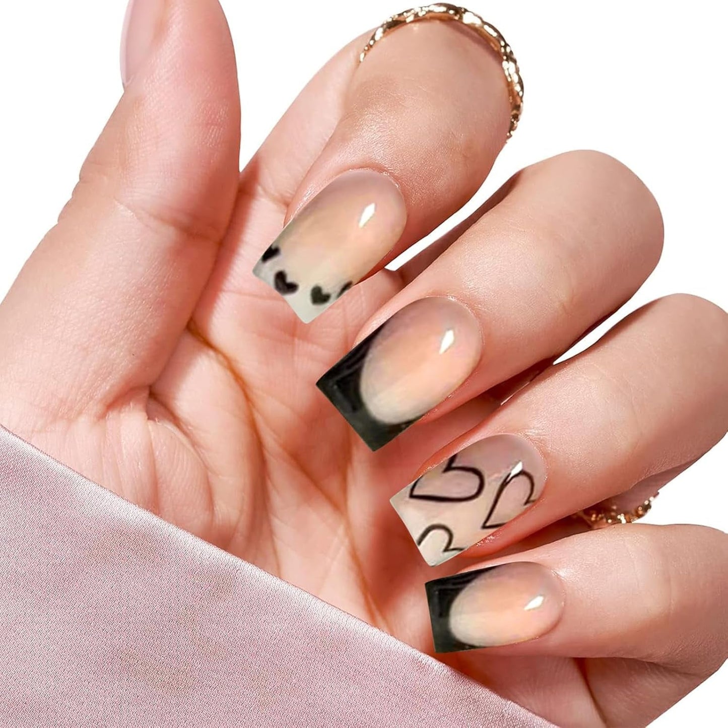 24 stuks korte vierkante Franse tip kunstnagels wit hart ontwerp zwarte acrylnagels volledige dekking