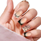 24 stuks korte vierkante Franse tip kunstnagels wit hart ontwerp zwarte acrylnagels volledige dekking